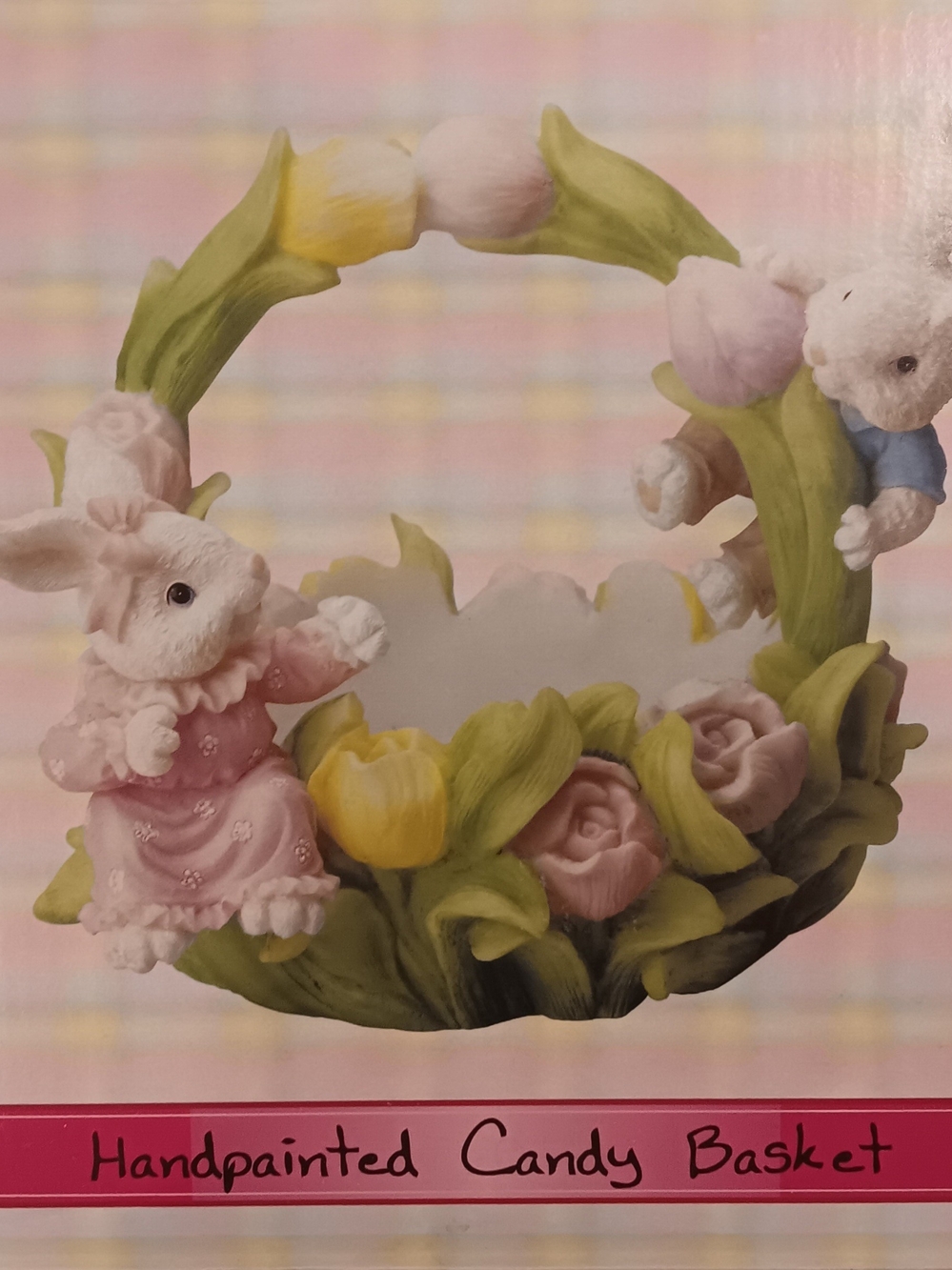 Handpainted Bunny Candy Basket - Pastel Pink & Yellow